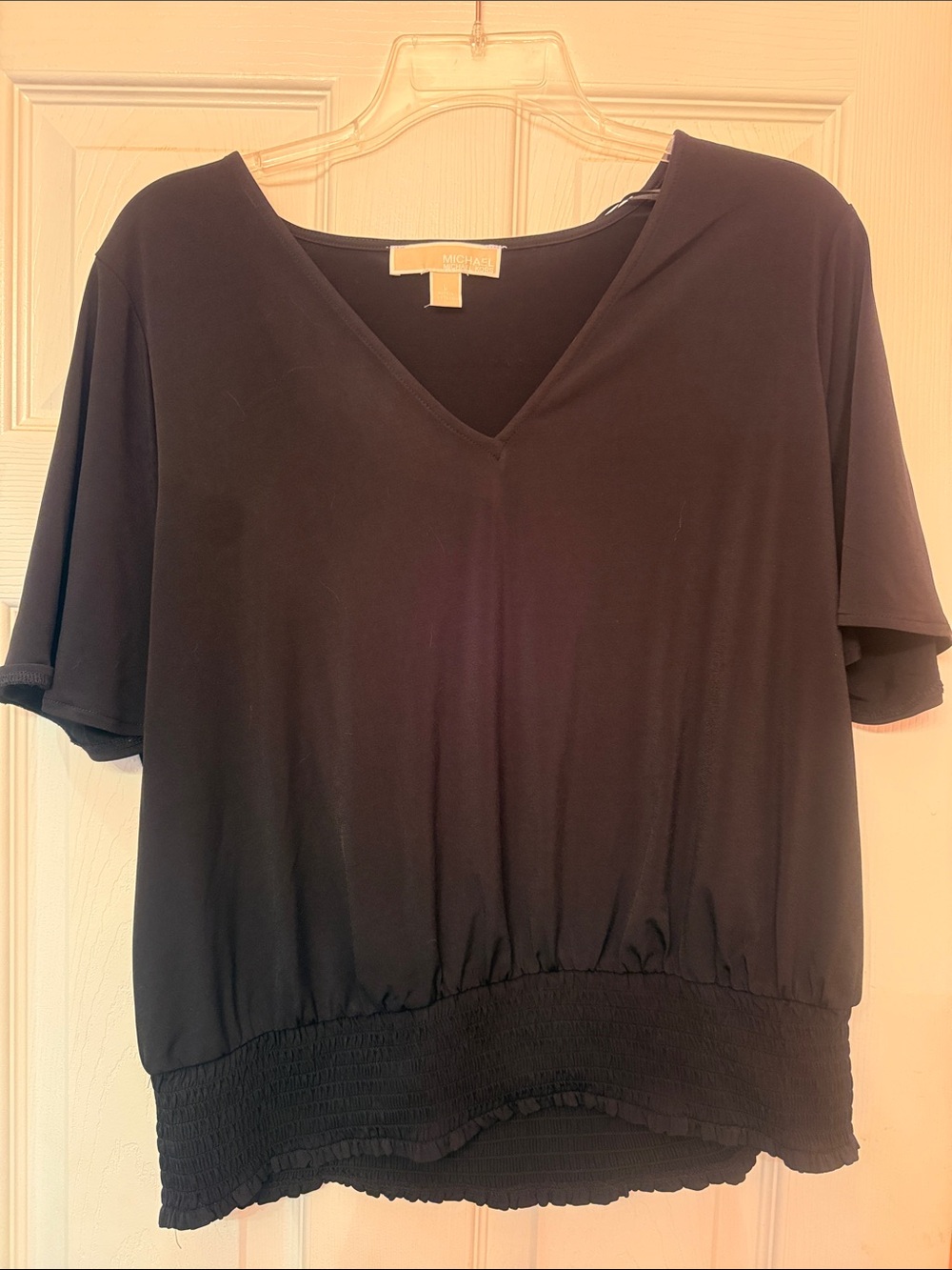 Michael Kors Black V-Neck Short Sleeve Smocked-Hem Top